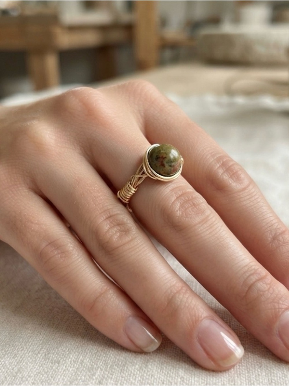 Unakite gold wire wrap Ring size 8